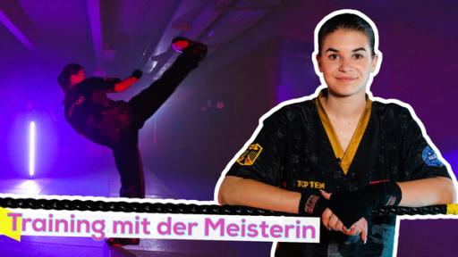 Rechts ist Theresa im Kickbox-Outfit. Hinter ihr sieht man eine Person, die einen Kickbox-Tritt ausübt. Vorne links steht der Titel auf weißem Banner und in pinker Schrift "Training mit der Meisterin".