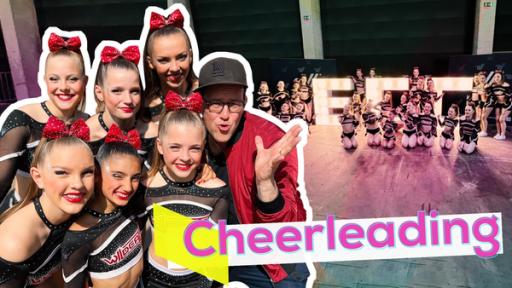 Eine Fotomontage: links im Vordergrund einige der leverkusener Wildcats mit Ben. Im Hintergrund rechts sind weitere Wildcats zu sehen. Titel des Bildes: Cheerleading.