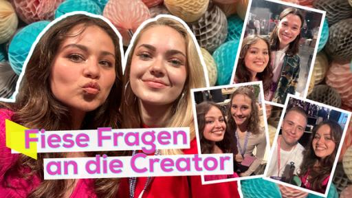 Links Sarah und Unlabeled lächelnd. Rechts drei weiß umrandete Selfie-Bilder von Sarah einmal mit Helge Mark, mit Fitgreenmind und mit Marvin Wildhage. Im Hintergrund viele, bunte Lampions. Unten die Aufschrift Fiese Fragen an die Creator.