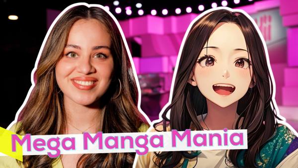 Links Sarah lächelnd. Rechts daneben ein Bild von ihr als gezeichneter Anime-Charakter. Im Hintergrund das Tanoshii-Studio. Unten die Aufschrift Mega Manga Mania.