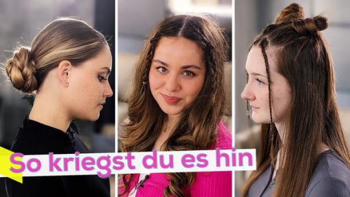 Rechte: KiKA/Stephanie Paersch Dreigeteiltes Bild. Links Friseurin Franzi im Seitenprofil mit Dutt. Mitte Sarah mit zwei kleinen geflochtenen Zöpfen. Rechts Gästin Mia im Seitenprofil mit Space Buns. Aufschrift unten: So kriegst du es hin.
