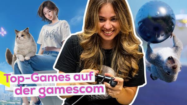 Mittig Sarah mit einem Gamepad in den Händen. Rechts hinter ihr eine Ingame-Szene mit einem Eichhörnchen, das kopfüber an einer Pistolenkugel hängt. Links hinter Sarah eine Spielszene mit einer Frau, die auf einer Dachkante sitzt. Auf ihrem Schoß sitzt eine Katze, die einem Schmetterling hinterherschaut. Unten die Aufschrift Top-Games auf der gamescom.