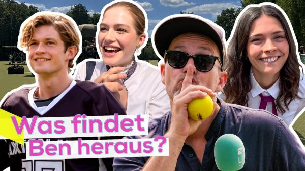 Damian Hardung, Sonja Weißer und Harriet Herbig-Matten lächelnd nebeneinander. Davor Ben mit einem Lacrosse-Ball in der Hand. Im Hintergrund das Set der Serie mit einem Lacrosse-Feld. Aufschrift unten links: Was findet Ben heraus?