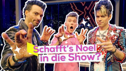 Andreas Ehrlich, Noel Dederichs und Chris Ehrlich nebeneinander auf der Showbühne. Mit ihren Händen zeigen sie Zauber-Gesten. Unten die Aufschrift: Schafft’s Noel in die Show? 