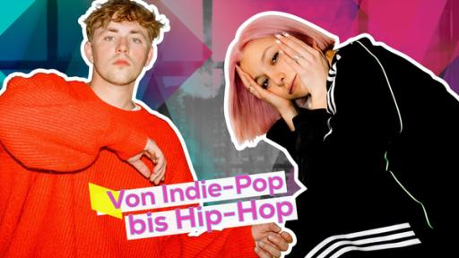 Links Popmusiker Friso in einem orangen Strickpullover und rechts Musikerin Dani Lia in einem schwarzen Jogginganzug. Hintergrund buntgemusterte Fläche. Aufschrift: Von Indie-Pop bis Hip-Hop.