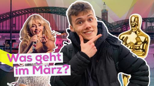 Noel Dederichs der sich fröhlich fragend die Hand unter sein Kinn Hält. Hinter ihm ein Bild von Sabrina Carpenter und eine Oscarfigur. Im Hintergrund eine Brücke in Köln. Aufschrift: Was geht im März?