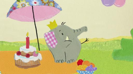 Das Versteckspiel auf der Elefantenparty | Rechte: KiKA ein Elefant mit Krone steht unter einem Sonnenschirm vor einer Geburtstagstorte