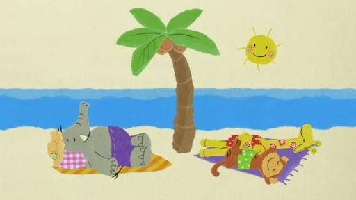 Elefant, Affe und Giraffe sonnen sich am Strand unter einer Palme