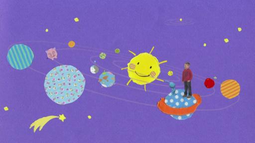 Spaß im Weltall | Rechte: KiKA Kikaninchen und ein Junge stehen auf einem Planeten, daneben eine lachende Sonne