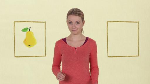 Anni und Kikaninchen rätseln | Rechte: KiKA Anni schaut verschmitzt in die Kamera, im Hintergrund ein Bild mit Birne.