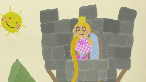 Rapunzel steht am Turmfenster