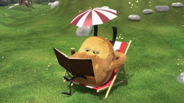 Bei so schönem Wetter möchte Kiwi gern in seinem Liegestuhl liegen und lesen. | Rechte: NDR/Copenhagen Bombay