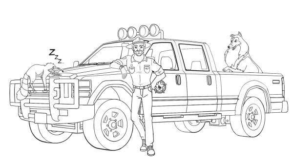 Ausmalbild Ranger Graham, sein Auto mit Lassie und schlafendem Waschbär Looper | Rechte: Classic Media, DQ Entertainment, Superprod