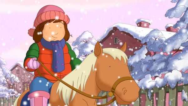 Laura träumt, dass sie im Winter mit einem Pony zum Kindergarten reiten kann. | Rechte: ZDF/Mondo tv/ZDF-E