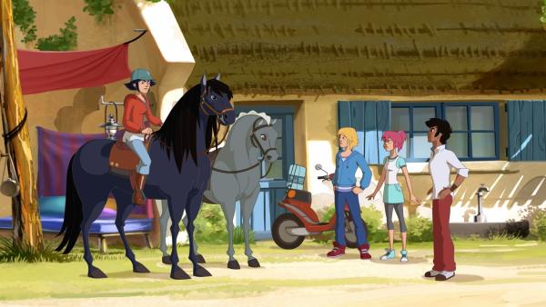 Lenas Freunde sind sauer, dass sie Samanthas Pferd Bonbon hilft, weil vom Gewinn des Preisgeldes die Zukunft der Ranch abhängt. | Rechte: hr/Tele Images
