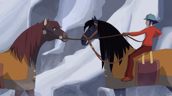 Lena hat den Auftrag, ein Pferd über einen verschneiten Pass zu bringen.  | Rechte: hr/Télé Images