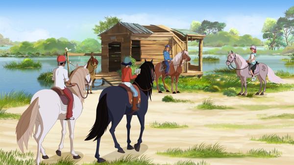 Die Freunde der Ranch (v.l.:) Angelo, Lena, Nico und Anna sind auf der Suche nach einem geheimen Ort.  | Rechte: hr/Télé Images