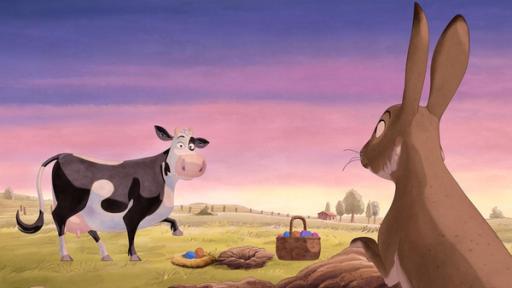 Lieselotte trifft den Osterhasen | Rechte: ZDF/Wunderwerk Lieselotte und der Hase gucken sich an. Zwischen ihnen steht ein Korb mit bunten Eiern.