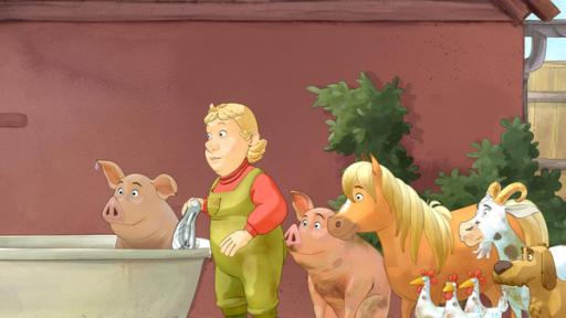 Das Schwein sitzt in der Badewanne. Rechts neben der Wanne stehen die Bäuerin mit einem Lappen und die anderen Bauernhoftiere.