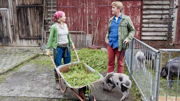 Fritz Fuchs (Guido Hammesfahr) versucht sein Glück bei der Bäuerin (Anna Böttcher), ist ihr vielleicht ein Schweinchen weggelaufen? | Rechte: ZDF/Antje Dittmann