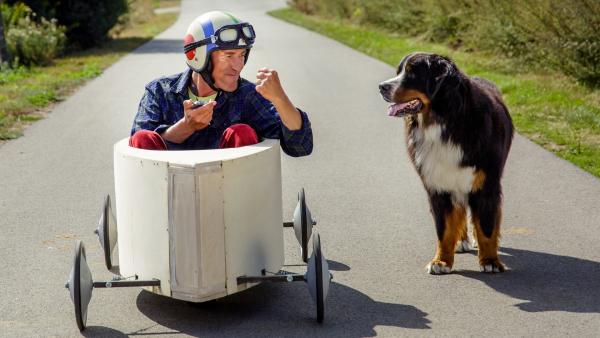 Testfahrt mit der selbstgebauten Seifenkiste. Wäre doch gelacht, wenn Fritz (Guido Hammesfahr), unterstützt von Hund Keks, nicht ein Wahnsinnsrennen hinlegen würde. | Rechte: ZDF/Andrea Hansen