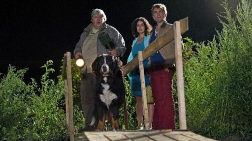 Fritz, Yasemin, Paschulke und Keks stehen im Dunkeln auf einer Art Holzbrücke.