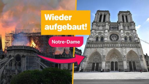 Ein Bild von der brennenden Notre-Dame steht neben einem Bild der wieder aufgebauten Notre-Dame. Darauf steht: Wieder aufgebaut! Notre-Dame, mit einem roten Pfeil