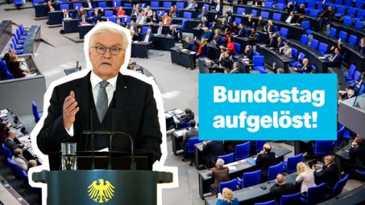 Bundespräsident Steinmeier-Foto, dahinter Bundestag-Foto, daneben Schrift "Bundestag aufgelöst"