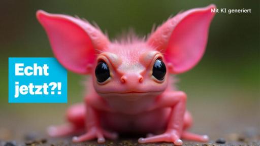 KI-generiertes Bild: Ein pinker Frosch mit langen Ohren und Fell, darauf die Überschrift "echt jetzt?!"