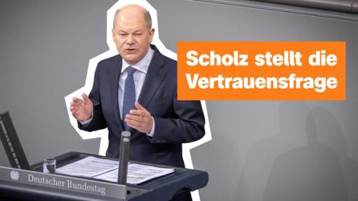 Scholz steht an Rednerpult, darüber Schrift: Scholz stellt Vertrauensfrage