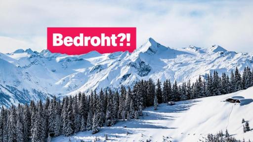 Ein Gebirge mit Schnee bedeckt und Tannebäumen, darüber steht Bedroht?! auf rotem Hintergrund