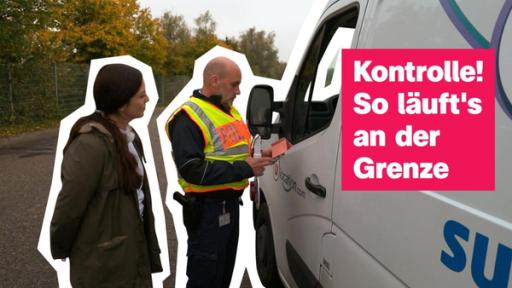 Teresa und ein Polizist stehen neben einem Auto, darauf zu lesen: Kontrolle! So läuft's an der Grenze