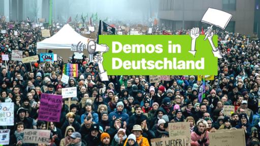 Viele Demonstrierende im Hintergrund, im Vordergrund Text: Demos in Deutschland 