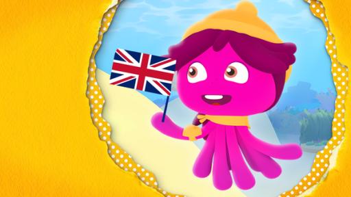 Maari - Adventures at the Reef | Rechte: KiKA/Bigchild Entertainment Pink octopus girl Maari smiles and holds a Union Jack in her tentacle.