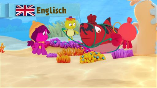Rechte: KiKA/Bigchild Entertainment A turtle and a crab tie up a red shark. Next to them a pink octopus.