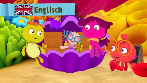 Rechte: KiKA/Bigchild Entertainment A shop in a shell, a purple plankton, a red crab with glasses, a pink octopus and a yellow turtle .