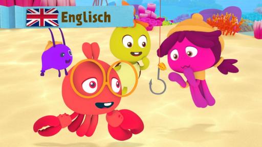 Rechte: KiKA/Bigchild Entertainment A purple plankton, a red crab with glasses, a pink octopus, a yellow turtle looking at a fishhook.