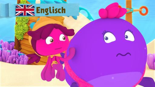 Rechte: KiKA/Bigchild Entertainment A pink octopus looks at a purple scared looking whale.