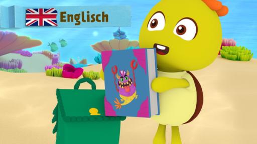 Rechte: KiKA/Bigchild Entertainment A yellow turtle is holding a book with a sea monster on it.