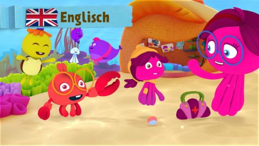 Rechte: KiKA/Bigchild Entertainment A grown-up pink octopus waving at a pink octopus, a red crab with glasses and a yellow turtle.