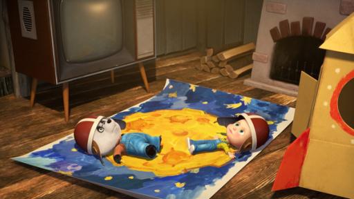 Rechte: KiKA/Animaccord LTD Mascha und Panda spielen Mondlandung.