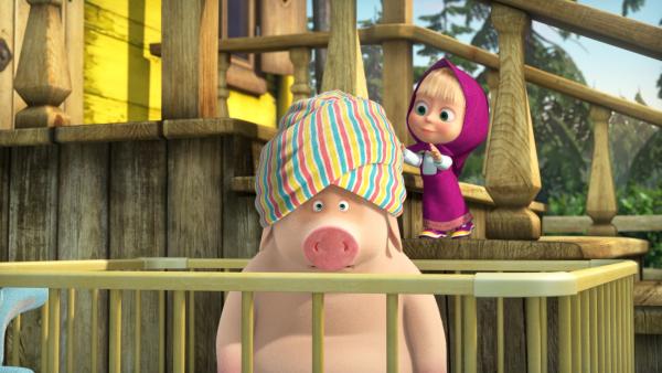 Das Schwein muss Maschas Baby herhalten.  | Rechte: KiKA/Animaccord LTD
