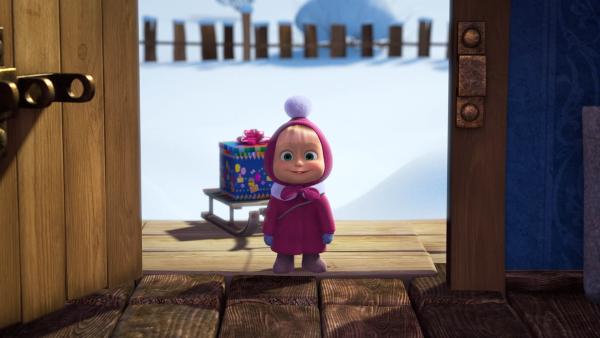 Mascha steht mit einem Geschenk an der Tür. | Rechte: KiKA/Animaccord Animation Studio