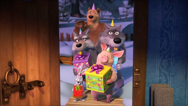 Bärs Freunde stehen an der Tür mit Geschenken. | Rechte: KiKA/Animaccord Animation Studio
