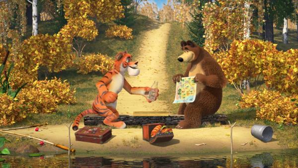 Der Bär und der Tiger stecken die Schatzkarte in die Flasche. | Rechte: KiKA/Animaccord Animation Studio