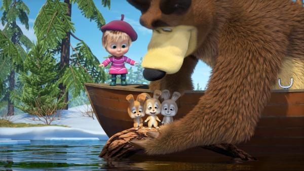 Mascha und der Bär finden drei kleine Häschen. | Rechte: KiKA/Animaccord Animation Studio
