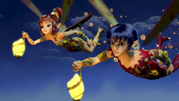 Yuko (li.) und Mo (re.) fliegen durch den mondhellen Nachthimmel von Centopia. | Rechte: ZDF/2012 Lucky Punch/Rainbow/March Ent.