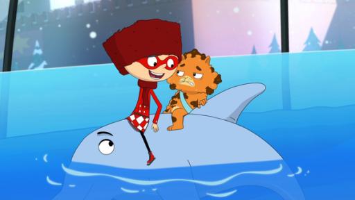 Mirette - Folge 20 | Rechte: CYBER GROUP STUDIOS - ARD/WDR- KD PRODUCTIONS TOONS&GAMES - TELEVISIÓ DE CATALUNYA, SA - 2016 Mirette, Jean Cat reiten auf einem Delphin.