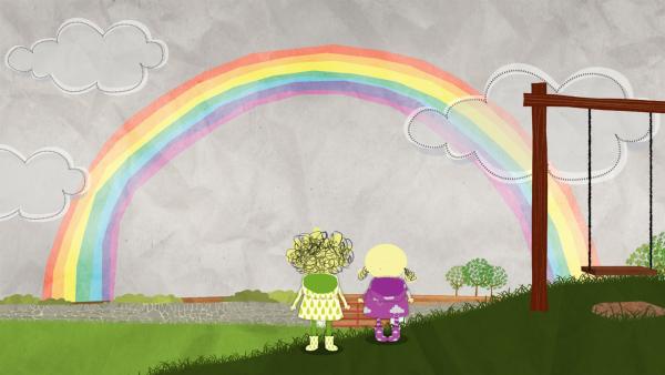 Nele und Nora stehen vor einem wunderschönen Regenbogen. | Rechte: KiKA/Geronimo Productions