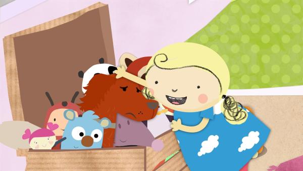 Nora findet Ruffi versteckt in ihrer Spielzeugkiste. | Rechte: KiKA/Geronimo Productions